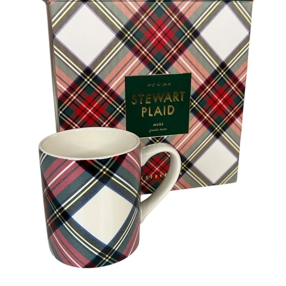 Pottery Barn Stewart Plaid Set of 4 Coffee Tea Classic Festive Mugs New in Box!